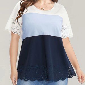 SHEIN Curve Plus Laser Cut Scalloped Trim Colorblock Blouse Size 4X Blue